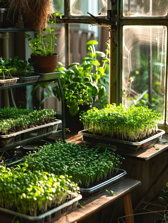 Trays overflowing with small, healthy microgreens thrive in a sunny, home greenhouse, showing lush greenery and growth.の素材
