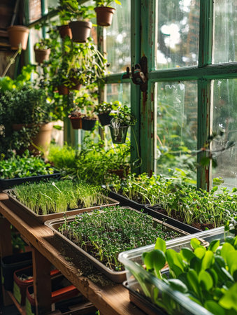 In a cozy greenhouse, various trays of vibrant microgreens grow under natural light, creating an inviting and productive atmosphere.の素材