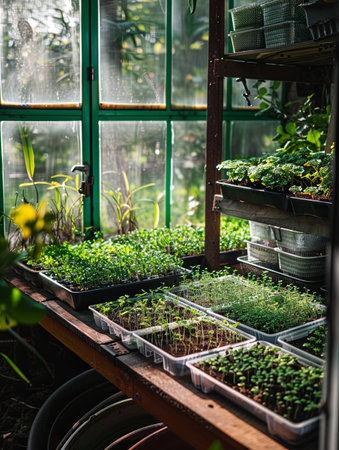 Inside a home greenhouse, trays full of thriving microgreens bask in ample natural light from large windows.の素材