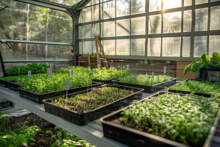 Trays filled with vibrant microgreens thrive in a cozy home greenhouse illuminated by natural light.の素材