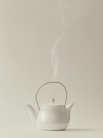 The kettle emits thin lines of steam, symbolizing warmth and comfort, set against a gentle, light backdrop that enhances tranquility.の素材
