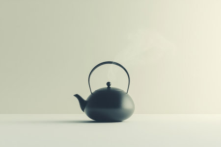 A kettle emits delicate steam against a soft, muted backdrop, suggesting warmth and a peaceful atmosphere at home.の素材