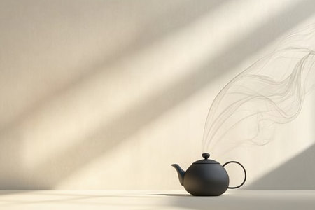 A tea kettle sits quietly, releasing thin lines of steam, creating a cozy atmosphere in a softly lit kitchen space.の素材