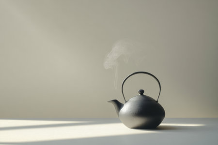 A tea kettle emits gentle steams against a soft muted background, creating a tranquil atmosphere perfect for relaxation.の素材