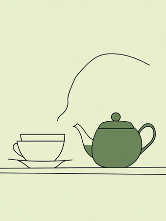 A minimalistic design features a teapot and cup created with simple lines, emitting steam, set against a calming green backdrop.の素材