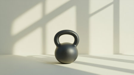 A simple black kettlebell is positioned on a light surface, casting shadows as sunlight fills the fitness area.の素材