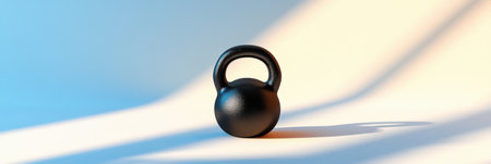 The black kettlebell stands alone on a bright surface, highlighting its sleek design and functionality for fitness routines.の素材
