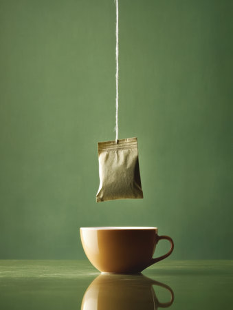 A tea bag is slowly being steeped in a warm cup, creating a soothing atmosphere ideal for enjoying a quiet moment.の素材