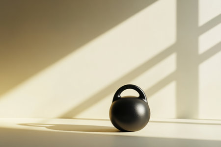 A black kettlebell sits alone on a neutral surface, casting subtle shadows as sunlight filters through nearby windows.の素材