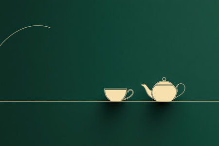 A minimalist design features a delicate teapot and cup drawn with simple lines against a tranquil green background, perfect for relaxation.の素材