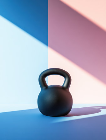 A black kettlebell stands prominently in a studio with vibrant blue and pink backgrounds, highlighting its form through clever lighting.の素材
