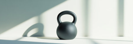 A black kettlebell sits on a surface, lit by bright natural light, casting gentle shadows in a minimalistic workout area.の素材
