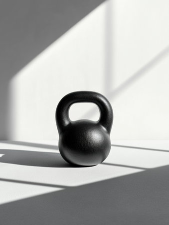 The black kettlebell sits alone on a surface, illuminated by sunlight, creating dynamic shadows and highlighting its shape and texture.の素材