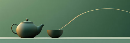 A teapot gracefully pours tea into a cup against a soothing green backdrop, emphasizing a serene and peaceful atmosphere.の素材