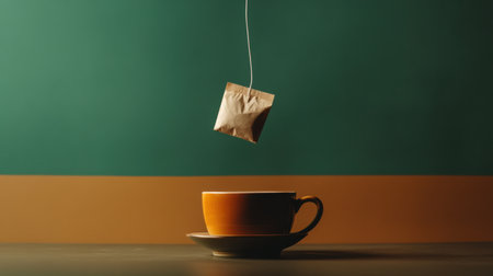 A tea bag is gently submerged in a warm cup, evoking a soothing atmosphere perfect for relaxation and enjoying a warm beverage.の素材