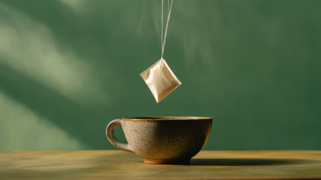 A tea bag hangs above a cup, releasing steam as it flavors the warm beverage, inviting tranquil moments during a peaceful afternoon.の素材