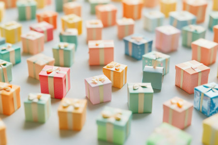 Colorful gift boxes in different sizes are carefully arranged, creating a cheerful display perfect for celebrations and surprises.の素材