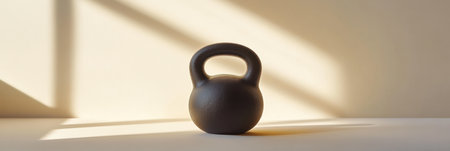 A black kettlebell rests on a surface, bathed in soft sunlight, highlighting its shape in a quiet and minimalistic environment.の素材