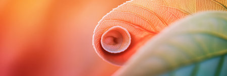 A tea leaf spirals gracefully, showing its delicate texture and vibrant colors in the warm glow of afternoon sunlight.の素材