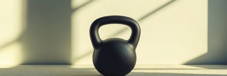 A black kettlebell sits on a surface, illuminated by natural light as shadows cast a geometric pattern around it.の素材