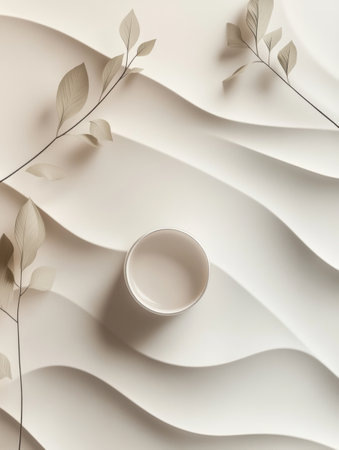 A tea cup sits gracefully among flowing paper waves and soft leaves, creating a tranquil and calming atmosphere for relaxation.の素材