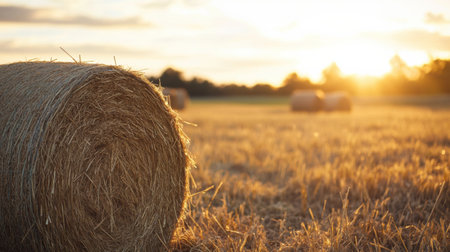Harvested hay bales are lined up against a colorful fall backdrop under a bright sunlit sky.の素材