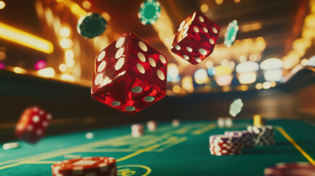 Red dice are airborne over a craps table with colorful chips scattered around, capturing the thrill of the casino atmosphere.の素材