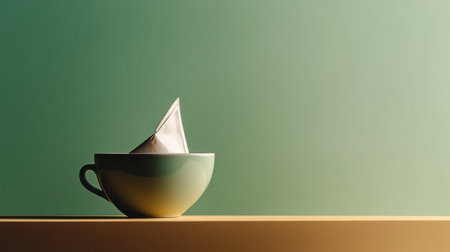 A tea bag is gently dipped into a ceramic cup resting on a wooden table, set against a serene green backdrop in natural light.の素材