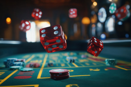 The red dice are airborne over the craps table, with colorful chips scattered around, showing a thrilling moment in gameplay.の素材