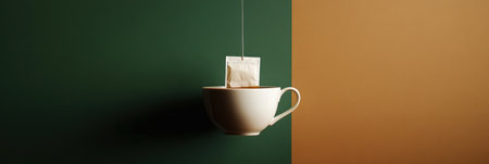 A delicate tea bag is being steeped in a white cup, resting on a contrasting green and brown backdrop for a calming vibe.の素材