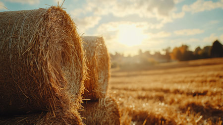 Stacks of harvested hay bask in sunlight, framed by colorful autumn leaves, creating a warm rural atmosphere on a clear day.の素材