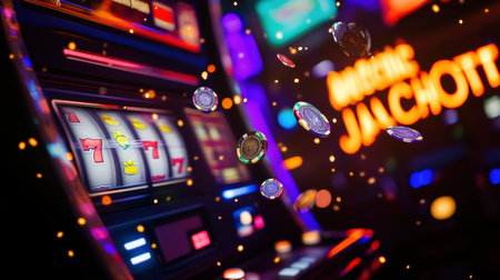 Coins and poker chips are airborne, celebrating a slot machine victory in a vibrant casino environment filled with lights.の素材