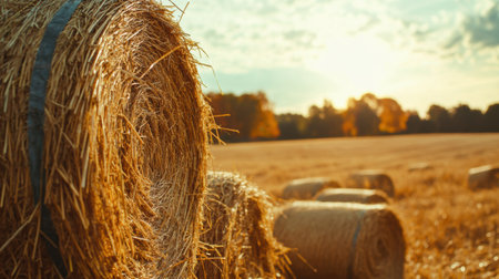 Stacks of golden hay sit under a bright sun, surrounded by vibrant autumn foliage and an expansive open field.の素材