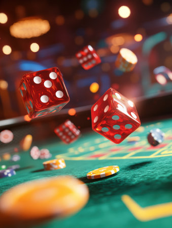 Red dice are flying through the air, with colorful chips scattered across a vibrant craps table, creating an atmosphere of anticipation.の素材