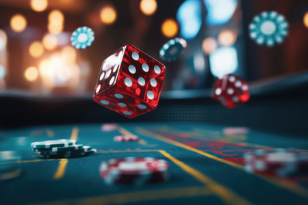 Red dice are spinning mid-air over a craps table as poker chips are scattered across the vibrant casino environment.の素材