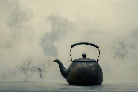 A kettle emits thin steam against a light, muted background, suggesting warmth and the anticipation of brewed tea.の素材