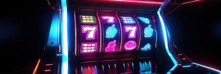 The slot machine features glowing reels spinning with classic symbols like cherries, sevens, and bars, creating an exciting gaming atmosphere.の素材