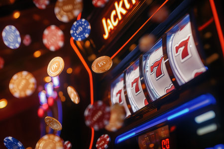 A flurry of coins and poker chips rises dramatically as a slot machine hits the jackpot, creating an exciting atmosphere in the casino.の素材