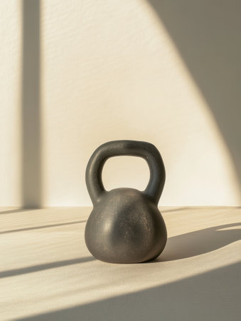 A black kettlebell sits on a light-colored surface, bathed in sunlight, highlighting its sleek design for strength training exercises.の素材