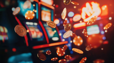 Coins and poker chips soar through the air as the slot machine hits the jackpot, creating a thrilling ambiance in the casino.の素材