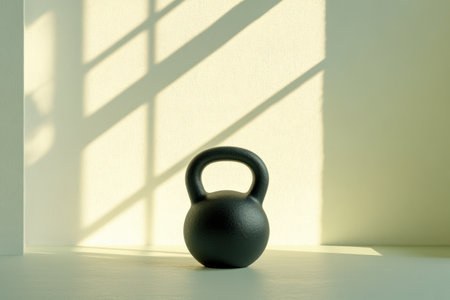 A black kettlebell is situated on a smooth surface, illuminated by natural light filtering through window shadows, creating an inviting atmosphere.の素材