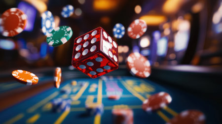 Red dice are flying mid-air over a craps table, with colorful chips scattered around in an exciting gaming atmosphere.の素材
