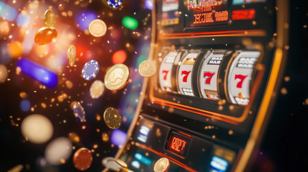 Coins and poker chips are flying into the air as a slot machine celebrates a big jackpot win, filling the atmosphere with excitement.の素材