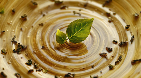 A single tea leaf dances in the warm water, generating delicate spirals and ripples, enhancing a moment of tranquility.の素材