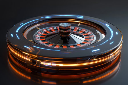 A roulette table is illuminated with neon numbers, creating an exciting atmosphere perfect for evening casino gaming.の素材