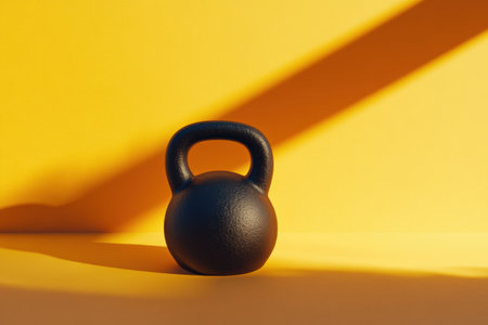 A black kettlebell sits on a bright yellow background, showing its shape and texture, emphasizing its role in strength training.の素材
