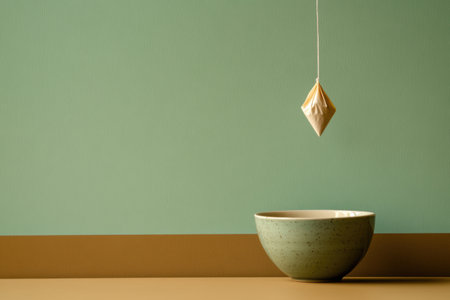 A tea bag is slowly steeped in a green cup, releasing rich flavors, perfect for an afternoon of relaxation and enjoyment.の素材