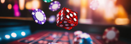 Red dice soar mid-air above a craps table filled with scattered chips, capturing a thrilling moment in the gaming action.の素材
