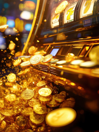 A cascade of shimmering gold coins pours out from a slot machine, creating a lively atmosphere full of wealth and thrill.の素材