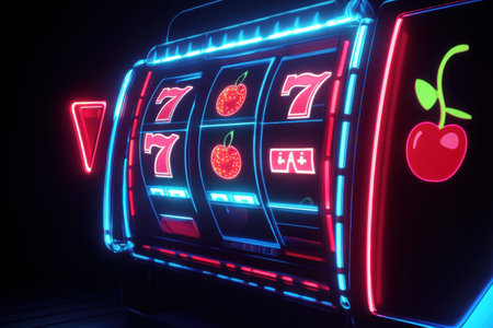 A vibrant slot machine display shows glowing spinning reels filled with classic symbols like cherries, sevens, and bars.の素材